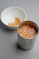 preserved canned tomato beans pouring into a bowl photo