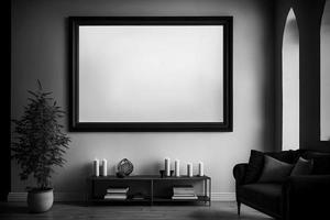 Mockup of blank horizontal frame in dark gothic interior photo