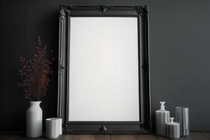 Mockup of blank vertical frame in dark gothic interior photo