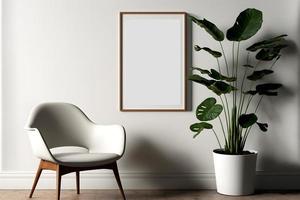 A mockup image of an empty frame with a plant and chair inside a room with white wall background photo