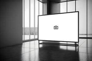 Big led tv with blank white screen mock up displayed in office copy space for advertisement space photo