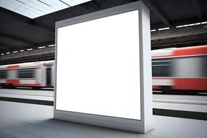 Empty Square billboard at station, mockup billboard template with train moving in the background photo