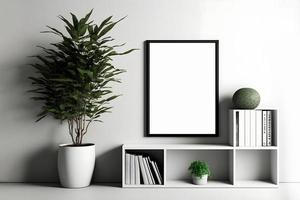 Black empty frame picture mockup with indoor plants and book shelf, blank indoor photo frame