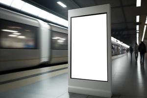 vertical en pie vacío espacio cartelera a subterráneo tren estación, vacío espacio para anuncio bandera foto