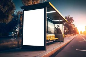 Empty Bus Stop Billboard Mockup or advertisment space for banner or posters at bus stop, Blank signage for ad space, Blank marketing display board in modern city. Free Photo