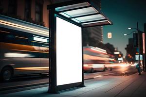 Empty billboard mockup at footpath or at roadside in city, side view blank billboard in city, Outdoor Advertising space in light box at bus stop in night, empty signage mockup. Free Photo