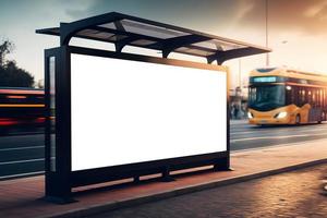 Empty space advertisement board, blank white signboard on roadside in city, wide horizontal blank billboard in city in evening time,empty billboard with traffic in background. Free Photo