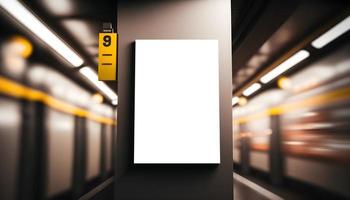 Empty Signage at underground train station with fast moving train on side, empty ad space for marketing banner or poster, blank signage at station with blurred moving train on side. Free Photo