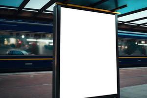 Close up of Verticle blank billboard mockup in city with train moving in background, Empty billboard mockup at train station, blank signage board at station. Free Photo