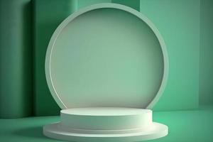 3d round empty white podium for produt display with muted green background, showcase your product with empty round pedestal display podium stage. Free Photo
