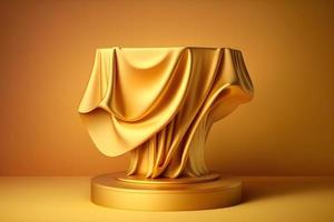 3d Luxury Podium for Premium Product Display with golden drappery on it, Empty golden podium for showcasing products against luxury background, low angle golden podium with drappery. Free Photo