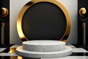 3d Round marble 2 steps podium with minimal black and golden round background, Empty round podium space for product showcase, Elegant promotional podium display space background, Free Photo