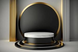 3d round marble 3 steps podium with minimal black, golden and offwhite background, Empty round podium space for product showcase, Elegant promotional podium display space background, Free Photo