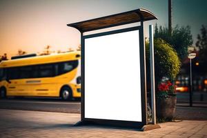 Empty roadside billboard mockup for advertisment, Blank Ad space for posters or banners, verticle empty roadside billboard in evening, Billboard mockup with bus moving in background. Free Photo