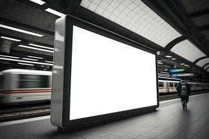 Empty horizontal billboard at underground subway , metro station, advertising billboard underground photo