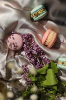 pink and mint french macaroons or macarons cookies and a lilac flowers on a cloth background. Natural fruit and berry flavors, creamy stuffing for valentines mother day easter with love food photo