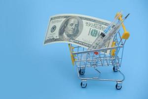 Dollar bills roll and thermometer in shopping cart on shopping. Medicine concept with copy space. photo