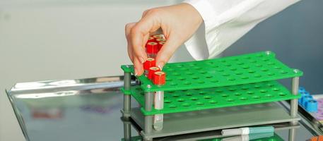 Technician puts test tube to rack photo