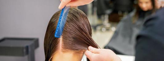 Hairdresser hands parting hair of woman photo
