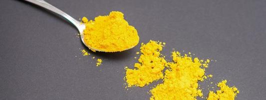 Turmeric powder on metal spoon photo