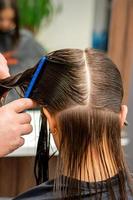 Hairdresser combing hair of woman photo