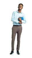 Happy african american college student with books in his hands photo