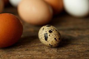 Fresh chicken and quail eggs on a wooden background photo