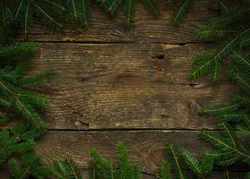 Christmas tree branches on wooden texture ready for your design photo