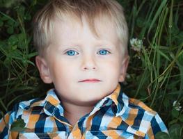 A cute little boy lying in a field of green photo