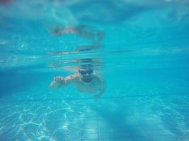 Beard man with glasses swimming under water in the pool photo