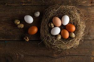 Chicken and quail eggs in a nest on a wooden rustic background photo