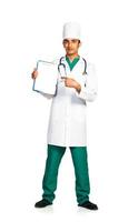 Portrait of doctor with health record on white background photo