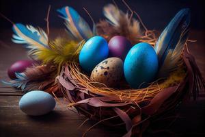 Easter eggs banner background. Feathers in a nest on a blue wooden background with a copy of the place for the text photo