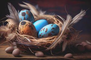 Easter eggs banner background. Feathers in a nest on a blue wooden background with a copy of the place for the text photo