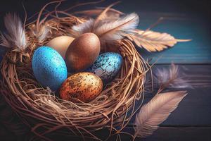 Easter eggs banner background. Feathers in a nest on a blue wooden background with a copy of the place for the text photo