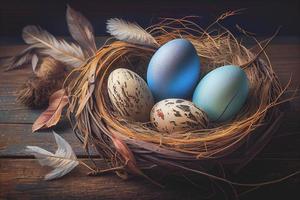 Easter eggs banner background. Feathers in a nest on a blue wooden background with a copy of the place for the text photo