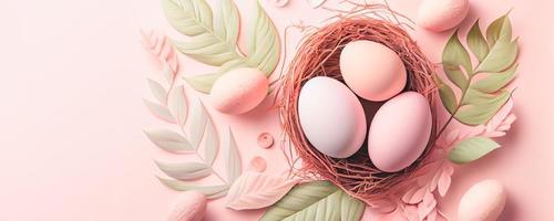 Easter poster and banner template with Easter eggs in the nest on light pink background with a copy of the place for the text. photo