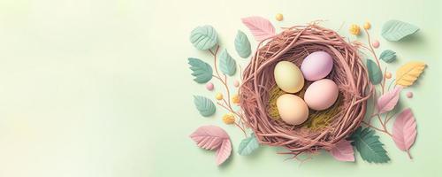 Easter poster and banner template with Easter eggs in the nest on green background with a copy of the place for the text. photo