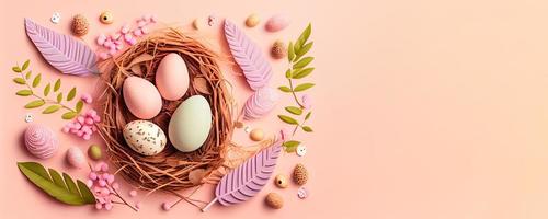 Easter poster and banner template with Easter eggs in the nest on light pink background with a copy of the place for the text. photo