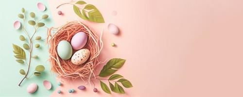 Easter poster and banner template with Easter eggs in the nest on pastel background with a copy of the place for the text. photo