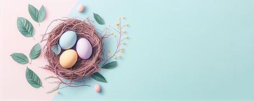 Easter poster and banner template with Easter eggs in the nest on pastel background with a copy of the place for the text. photo