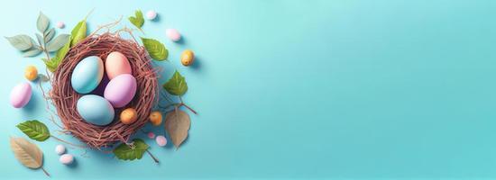 Easter poster and banner template with Easter eggs in the nest on light blue background with a copy of the place for the text. photo