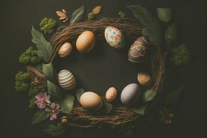 Easter poster and banner template with Easter eggs in the nest on dark background with a copy of the place for the text. photo