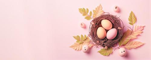 Easter poster and banner template with Easter eggs in the nest on light pink background with a copy of the place for the text. photo