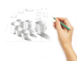 Hand draws a pencil items cookware on a white photo