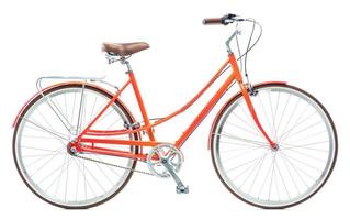 Stylish womens orange bicycle isolated on white photo