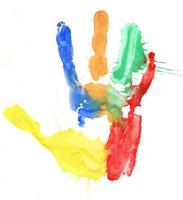 Close up of colored hand print on white photo