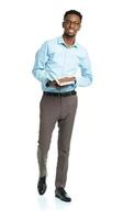 Happy african american college student with books in his hands photo