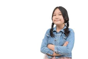 retrato de linda estudiante vestir chaqueta pantalones aislado en blanco fondo, foto