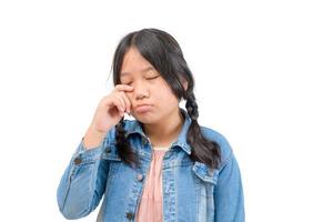 Portrait of crying little girl isolated on white background, photo